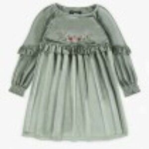 Girl's Crushed Velvet Dress with Embroidered Birds